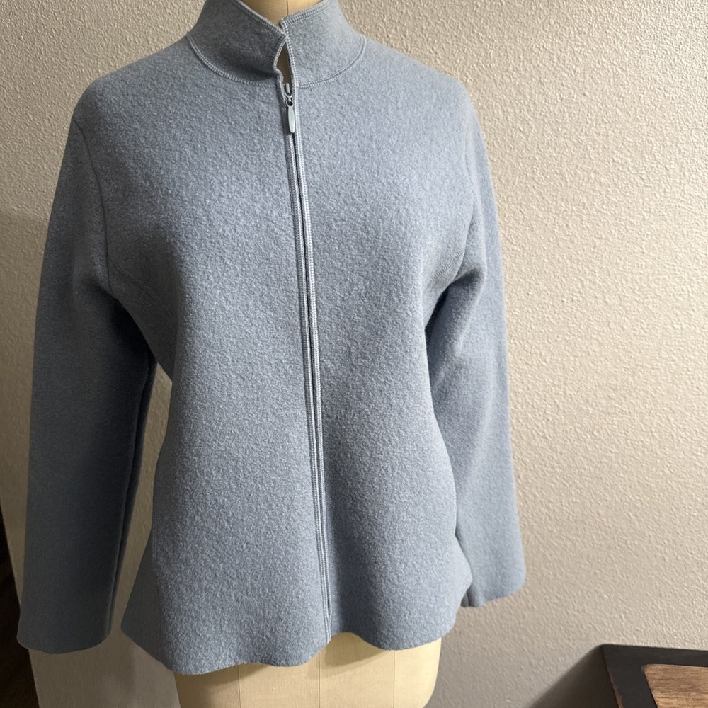 Eileen Fisher Boiled Wool Full Zip Jacket Womens Blue Quiet Luxury Petite M PM